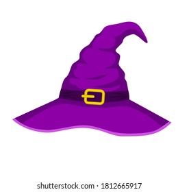 Purple witch hat with buckle. Witch hat isolated on a white background. Stock vector illustration. Illustration for the holiday Halloween.