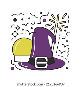 Purple witch hat with buckle isolated. Halloween traditional holiday symbols textured concept design. Fortune ball and magic wand for sorcery masquerade party. Hand drawn flat vector illustration
