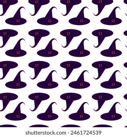 Purple witch hat with buckle. Seamless pattern. 