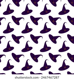 Purple witch hat with buckle. Seamless pattern. 