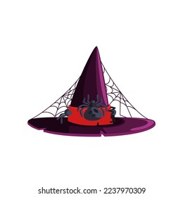 Purple witch hat with cobweb and spiders cartoon illustration. Halloween carnival headdress or costume element, magician, wizard, sorcerer hat. Holiday, party, masquerade, witchcraft, fantasy concept