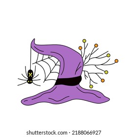 Purple witch hat decorated with tree branches and spider web. Vector hand drawn illustration. Great for Halloween design.