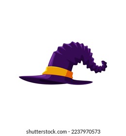 Purple witch hat for Halloween cartoon illustration. Carnival headdress or costume element, magician, wizard, sorcerer hat. Holiday, party, masquerade, witchcraft, fantasy concept