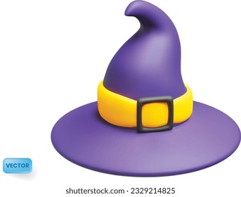 Purple witch hat icon. Design element for Halloween decoration  - party invitation, banners, advertising. Vector form 3d rendering - modern clay style, isolated on white background.