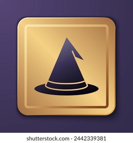 Purple Witch hat icon isolated on purple background. Happy Halloween party. Gold square button. Vector