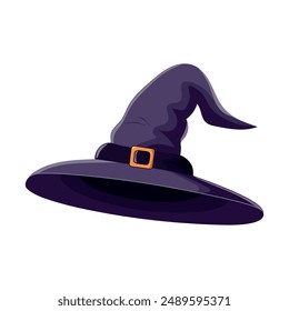 Purple witch hat isolated on white background. Symbol of witchcraft. Halloween decorative element. Vector illustration.