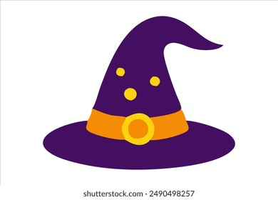 Purple witch hat isolated on a white background. Wizard pointed hat. Concept of Halloween, festive icon, minimalist style, magic accessory. Print, icon, design element.