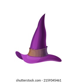 Sombrero de bruja morado aislado símbolo mago mago. Tapa del asistente del vector de forma de cono con cinta, dirección de caricatura. accesorio de máscaras de la fiesta de Halloween, gorra puntiaguda de bruja, mágico disfraz de hechicería