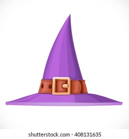 Purple witch hat with a leather belt and shiny buckle isolated on white background