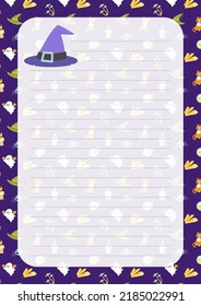 Purple witch hat. Note paper. Page. Halloween notebook sheet. Flat, cartoon. Isolated vector illustration eps 10