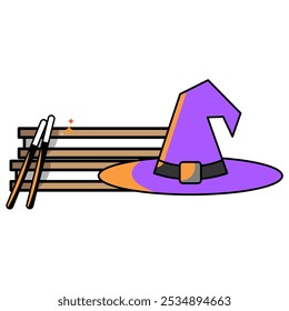 Purple witch hat with orange brim, black belt, and brown broom sticks. Perfect for Halloween designs and spookythemed projects.