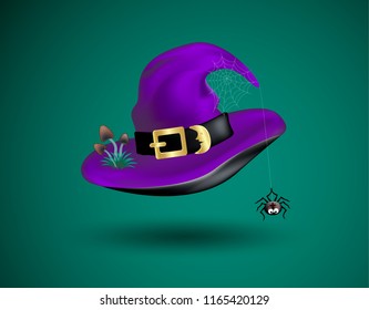 Purple witch hat with scary decor of black funny spider on cobweb and poisonous mushrooms on dark green background. Halloween costume vector icon.