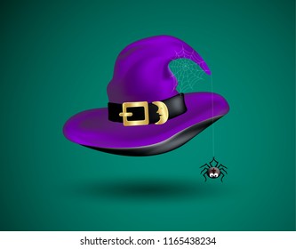 Purple witch hat with scary decor of black funny spider on cobweb and golden moon on dark green background. Halloween costume vector icon