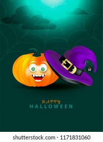 Purple witch hat with scary decor of black cute spider on cobweb and orange pumpkin with happy monster face on dark night green background with full moon. Happy Halloween congratulation card