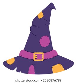 Purple witch hat with stitched patches and buckle, Vector