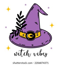 Purple witch hat vector icon. Cone-shaped magic cap, Halloween clothes. Accessory with a buckle decorated with flowers. Flat cartoon clipart isolated on white. Illustration for cards, posters, logo