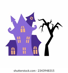 Purple witch magic castle and crooked tree. Vector doodle illustration. Halloween sticker.