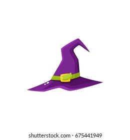 Purple witch, wizard pointed hat, Halloween decoration element, cartoon vector illustration isolated on white background. Cartoon witch hat, Halloween object, decoration element