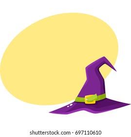 Purple witch, wizrd pointed hat, Halloween decoration element, cartoon vector illustration with space for text. Cartoon witch hat, Halloween object, decoration element
