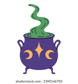 Purple witches cauldron with brewing green potion isolated on white background. Pot with star and moons. Witchcraft vector flat illustration