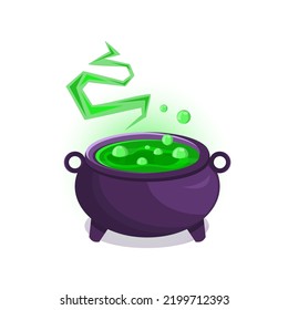Purple witch's cauldron with green potion isolated on white background, vector graphics, Halloween