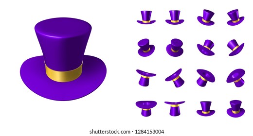 Purple wizard cap with gold ribbon. Three-dimensional vector illustration. Set of cartoon objects in different positions in space