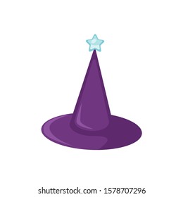 Purple wizard hat flat vector illustration. Magical headwear, illusionist accessory isolated on white background. Tradition magician headdress. Magic costume attribute, sorcerer performance clothes.