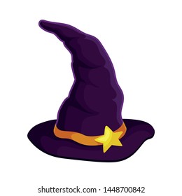 Purple wizard hat with gold ribbon. Vector illustration on white background.