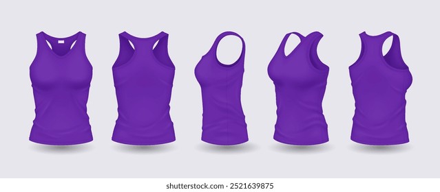 Mulheres roxas tampos de tanque com modelo de design conjunto de ilustração vetor realista. Roupas esportivas com espaço para modelos 3d logo no fundo branco