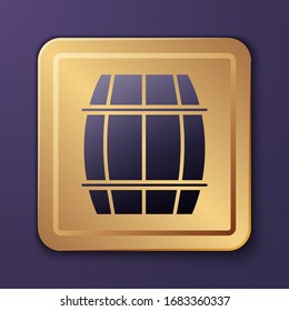 Purple Wooden barrel icon isolated on purple background. Alcohol barrel, drink container, wooden keg for beer, whiskey, wine. Gold square button. Vector Illustration