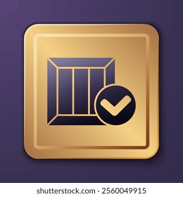 Purple Wooden box with check mark icon isolated on purple background. Parcel box. Approved delivery or successful package receipt. Gold square button. Vector Illustration
