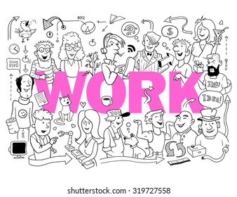 Purple Word "Work" in Doodle Style. Group of Funny Cartoon People. Black and White Sketch. Vector Illustration about Work Theme
