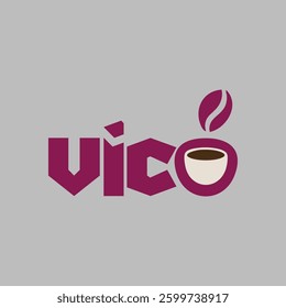 Purple words and a coffee cup and bean on a gray background