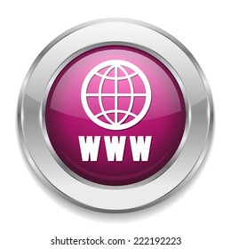 Purple world wide web button with metallic border on white background