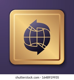 Purple Worldwide icon isolated on purple background. Pin on globe. Gold square button. Vector Illustration