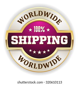 Purple worldwide shipping badge with gold border on white background