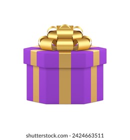 Caja de regalo envuelta en púrpura paquete hexagonal con lazo de oro de lujo icono 3d ilustración vectorial realista. Contenedor festivo violeta para regalo sorpresa de primera calidad felicitaciones de cumpleaños celebrar