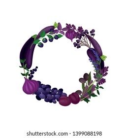 Purple wreath of monophonic vegetables and fruits. Vector illustration on white background.