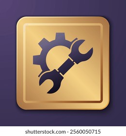 Purple Wrench spanner and gear icon isolated on purple background. Adjusting, service, setting, maintenance, repair, fixing. Gold square button. Vector Illustration