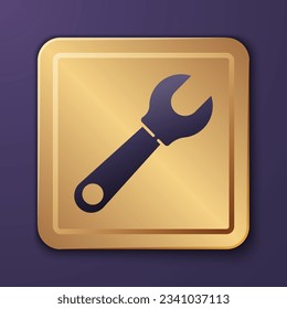 Purple Wrench spanner icon isolated on purple background. Gold square button. Vector Illustration