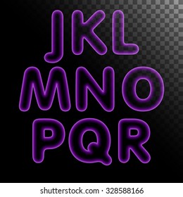 Purple x-ray neon light glowing letters with transparency set. Abc alphabet text symbols vector illustration.