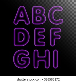 Purple x-ray neon light glowing letters with transparency set. Abc alphabet text symbols vector illustration.