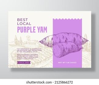 Purple Yam Food Label Template. Abstract Vector Packaging Design Layout. Modern Typography Banner with Hand Drawn Ube Vegetables and Rural Landscape Background. Isolated