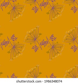 Purple yarrow silhouettes seamless pattern in doodle style. Orange bright background. Meadow flowers print. Graphic design for wrapping paper and fabric textures. Vector Illustration.