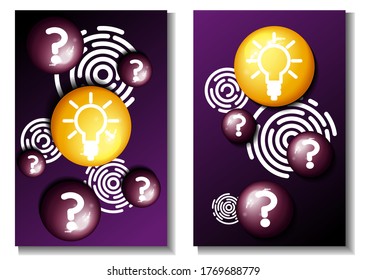 Purple and yellow 3D balloons on a dark background. Vector with large, three-dimensional
bubbles with question marks and a light bulb. Illustration with the concept of the idea.