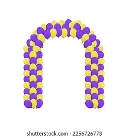 Purple and yellow balloons arch as decoration for party illustration. Inflatable spheres, balloon arch for wedding, festival or carnival isolated on white background. Decoration, celebration concept