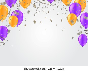 Purple, purple and yellow balloons with confetti. Vector illustration