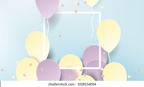 Purple and yellow balloons with confetti and white rectangle frame on blue background, paper art/paper cutting style