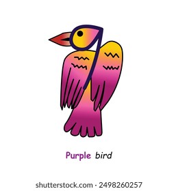 A purple and yellow bird standing on a white background