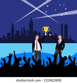purple yellow black blue light star city building teamwork people guy success Trophy night Illustration vector Suitable for business finance real estate corporate entrepreneur businessman 